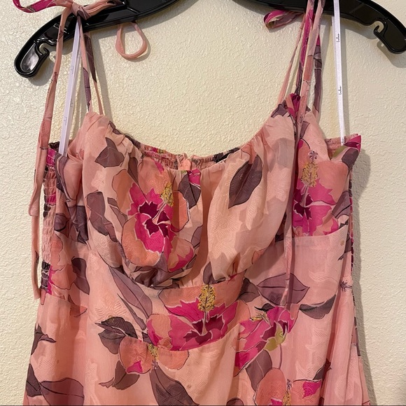 Lulu’s - Tea Party Chic Pink Floral Print Tie-Strap Tiered Midi Dress - Picture 4 of 7